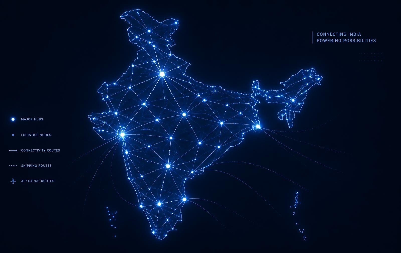 Illustrated map of connected distribution hubs across India